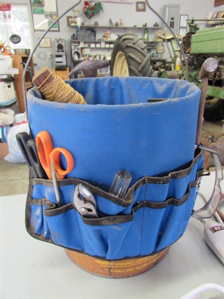 5-GALLON BUCKET W/BUDDY, EXTENSION CORDS & ASSORTED TOOLS