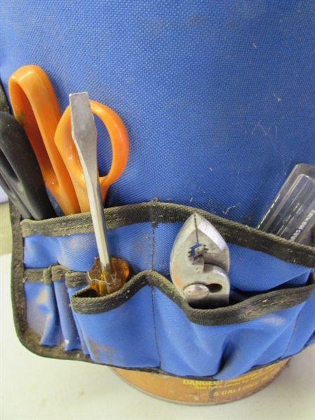 5-GALLON BUCKET W/BUDDY, EXTENSION CORDS & ASSORTED TOOLS