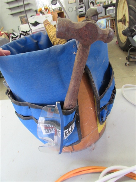 5-GALLON BUCKET W/BUDDY, EXTENSION CORDS & ASSORTED TOOLS