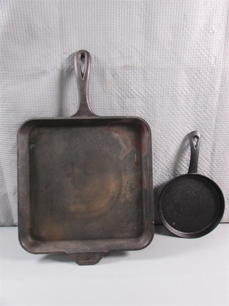 11 SQUARE LODGE CAST IRON GRIDDLE & 6 ROUND GRIDDLE