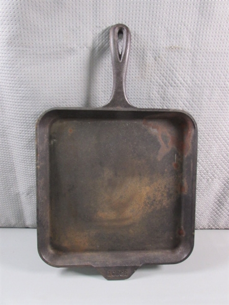 11 SQUARE LODGE CAST IRON GRIDDLE & 6 ROUND GRIDDLE