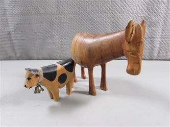 DONKEY & COW HAND CARVED WOODEN FIGURINES