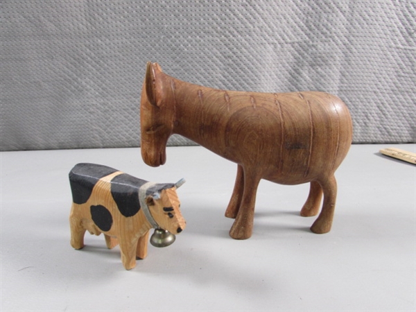 DONKEY & COW HAND CARVED WOODEN FIGURINES