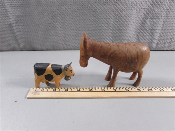 DONKEY & COW HAND CARVED WOODEN FIGURINES