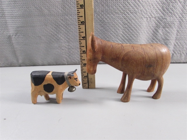 DONKEY & COW HAND CARVED WOODEN FIGURINES