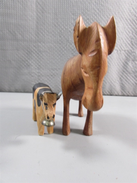 DONKEY & COW HAND CARVED WOODEN FIGURINES