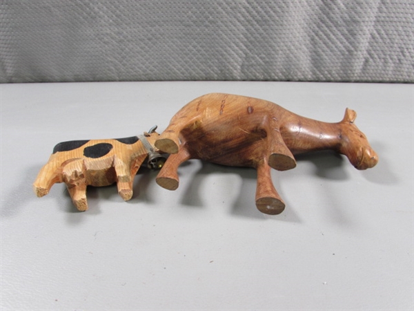 DONKEY & COW HAND CARVED WOODEN FIGURINES