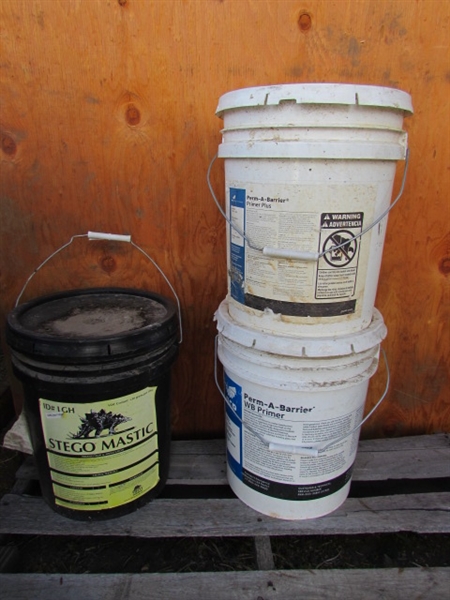 1 NEW 5-GALLON PAIL OF STEGO MASTIC & 2 NEW 5-GALLON PAILS OF PERM-A-BARRIER PRIMER