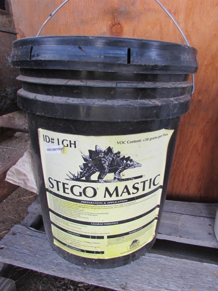 1 NEW 5-GALLON PAIL OF STEGO MASTIC & 2 NEW 5-GALLON PAILS OF PERM-A-BARRIER PRIMER