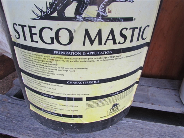 1 NEW 5-GALLON PAIL OF STEGO MASTIC & 2 NEW 5-GALLON PAILS OF PERM-A-BARRIER PRIMER