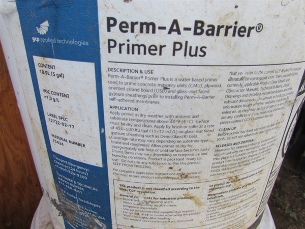 1 NEW 5-GALLON PAIL OF STEGO MASTIC & 2 NEW 5-GALLON PAILS OF PERM-A-BARRIER PRIMER