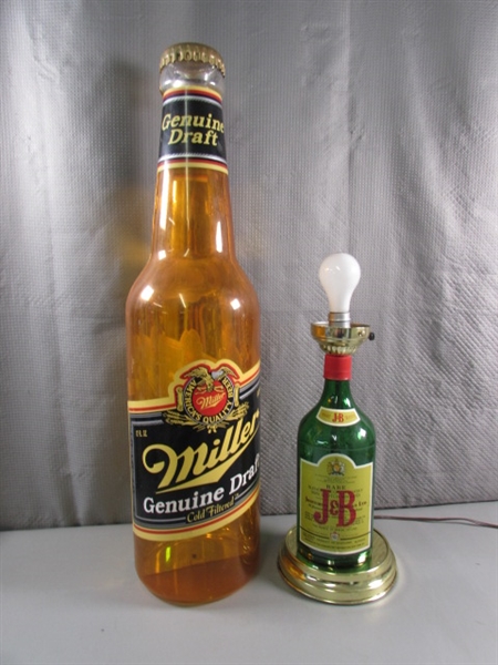 J&B WHISKY BOTTLE LAMP & OVERSIZED MILLER BEER BOTTLE