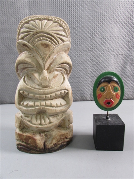 HAND CARVED WOODEN TIKI TOTEM & MOON MASK - BOTH ARE SIGNED BY THE ARTISTS