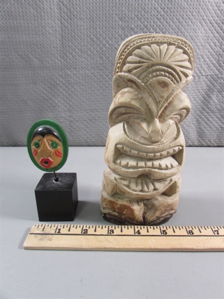 HAND CARVED WOODEN TIKI TOTEM & MOON MASK - BOTH ARE SIGNED BY THE ARTISTS