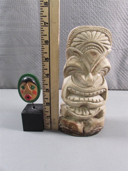 HAND CARVED WOODEN TIKI TOTEM & MOON MASK - BOTH ARE SIGNED BY THE ARTISTS