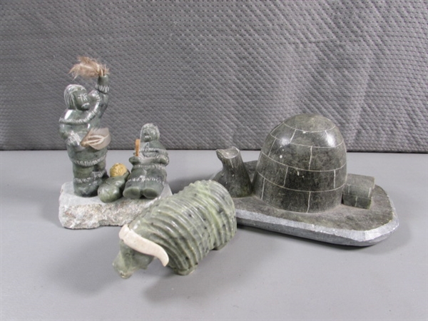 CARVED SOAPSTONE - IGLOO, WOOLY MAMMATH, ESKIMOS