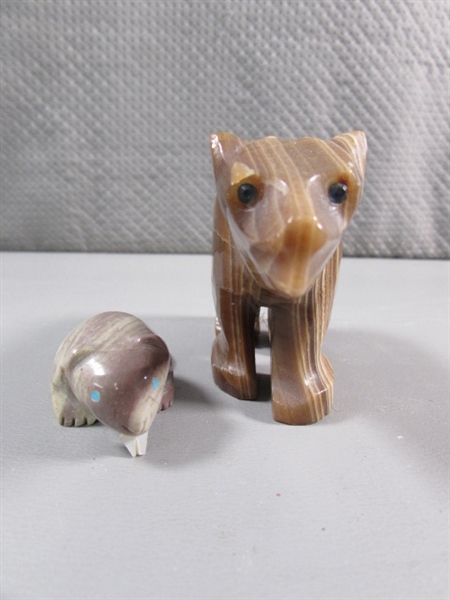 CARVED STONE BEAR & BEAVER