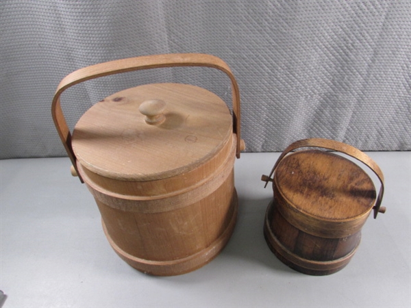 VINTAGE PRIMITIVE WOODEN BUCKETS W/LIDS