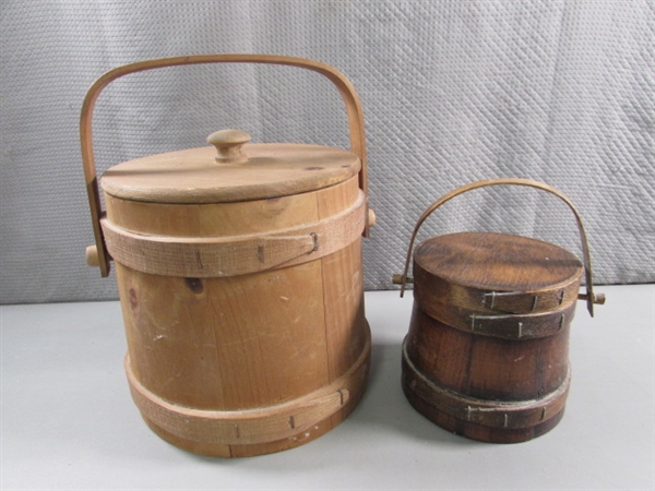 VINTAGE PRIMITIVE WOODEN BUCKETS W/LIDS