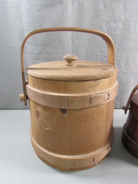 VINTAGE PRIMITIVE WOODEN BUCKETS W/LIDS