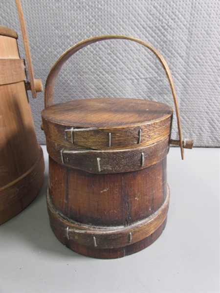 VINTAGE PRIMITIVE WOODEN BUCKETS W/LIDS