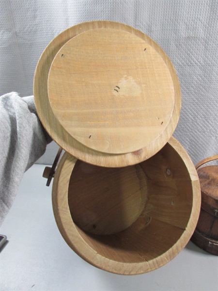 VINTAGE PRIMITIVE WOODEN BUCKETS W/LIDS