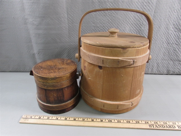 VINTAGE PRIMITIVE WOODEN BUCKETS W/LIDS