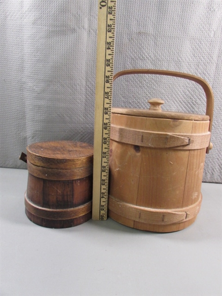 VINTAGE PRIMITIVE WOODEN BUCKETS W/LIDS