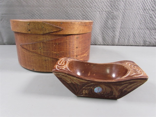 WOODEN LIDDED BOX & CARVED BOWL