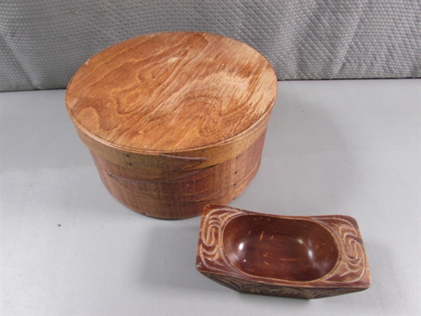 WOODEN LIDDED BOX & CARVED BOWL