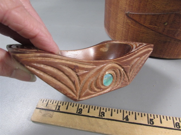 WOODEN LIDDED BOX & CARVED BOWL