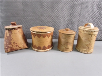 4 SMALL HANDCRAFTED TREE BARK VESSELS W/LIDS