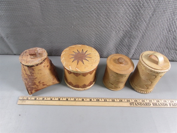 4 SMALL HANDCRAFTED TREE BARK VESSELS W/LIDS