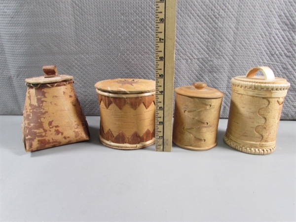 4 SMALL HANDCRAFTED TREE BARK VESSELS W/LIDS