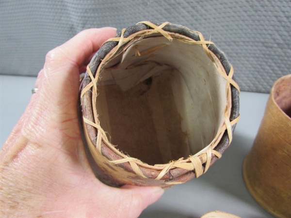 4 SMALL HANDCRAFTED TREE BARK VESSELS W/LIDS