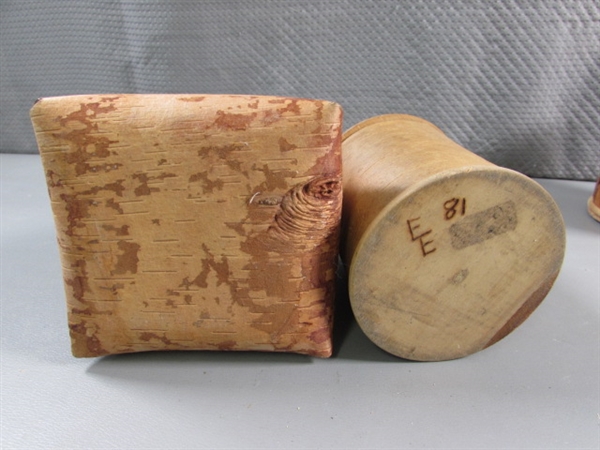 4 SMALL HANDCRAFTED TREE BARK VESSELS W/LIDS