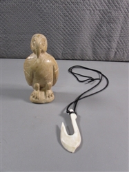 CARVED SOAPSTONE BIRD & BONE HOOK NECKLACE