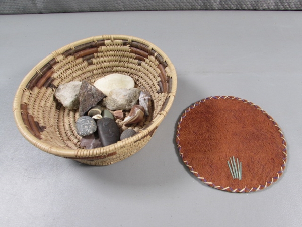 NATIVE AMERICAN WOVEN BASKET W/STONES & SHELLS & FIBER COASTER?