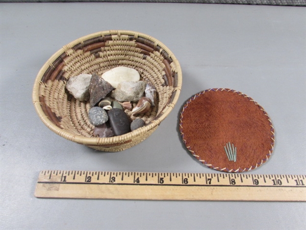 NATIVE AMERICAN WOVEN BASKET W/STONES & SHELLS & FIBER COASTER?