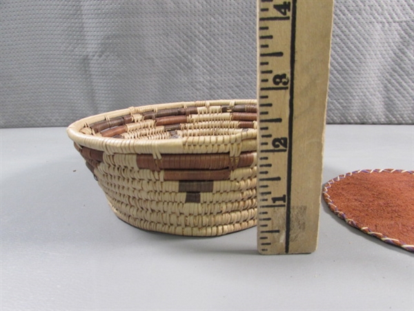 NATIVE AMERICAN WOVEN BASKET W/STONES & SHELLS & FIBER COASTER?