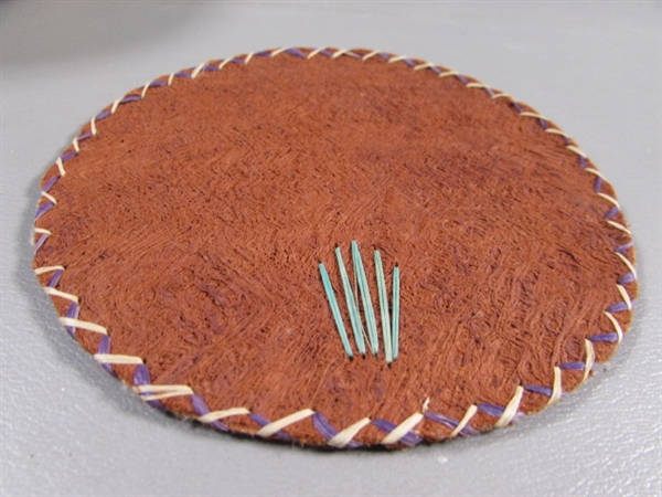 NATIVE AMERICAN WOVEN BASKET W/STONES & SHELLS & FIBER COASTER?