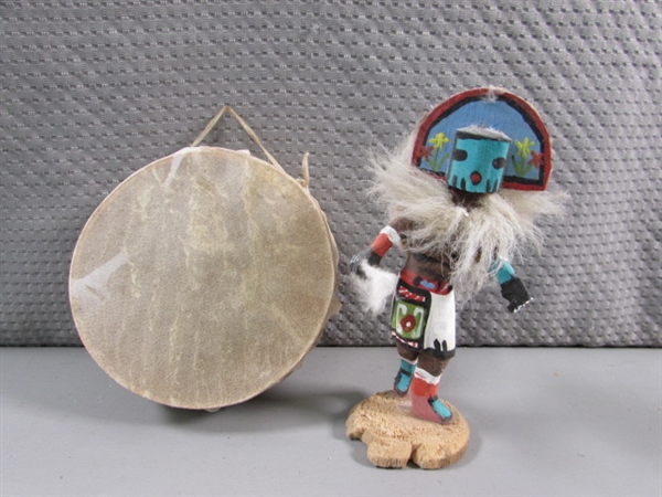 SMALL RAWHIDE DRUM & KACHINA