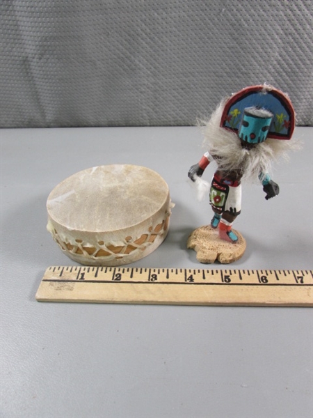 SMALL RAWHIDE DRUM & KACHINA