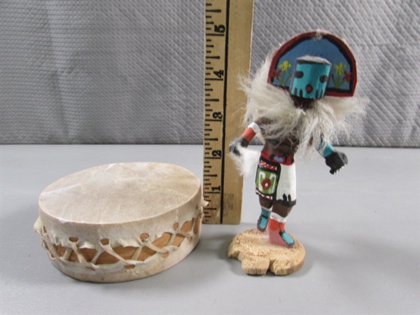 SMALL RAWHIDE DRUM & KACHINA