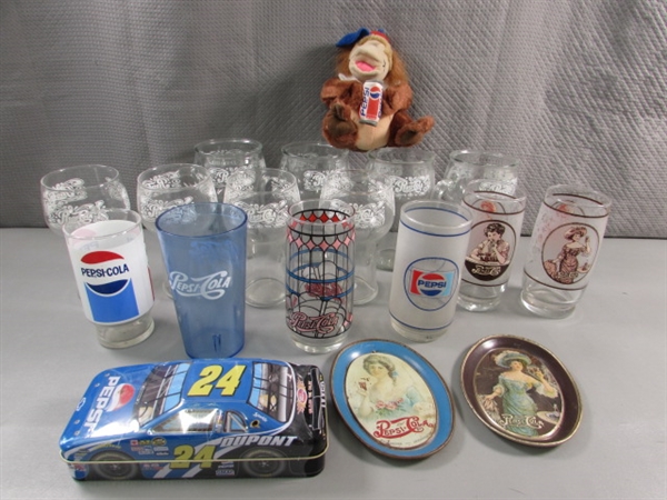 PEPSI COLA GLASSES, TIN TRAYS, CONTAINER & PLUSH