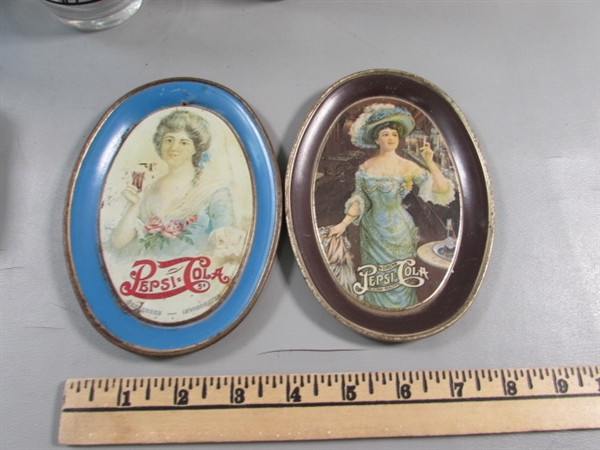 PEPSI COLA GLASSES, TIN TRAYS, CONTAINER & PLUSH