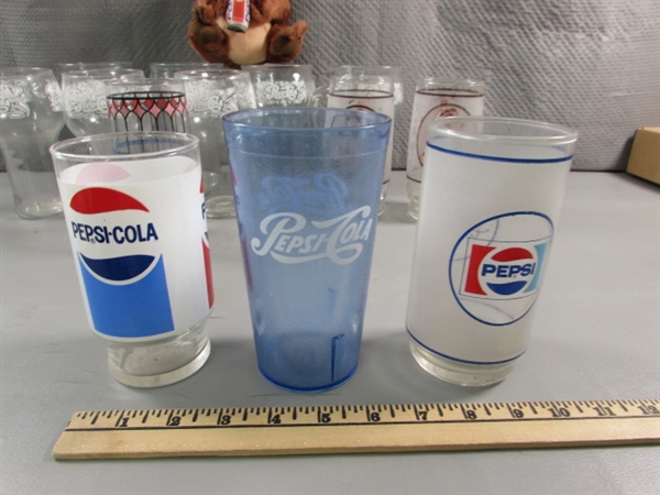 PEPSI COLA GLASSES, TIN TRAYS, CONTAINER & PLUSH