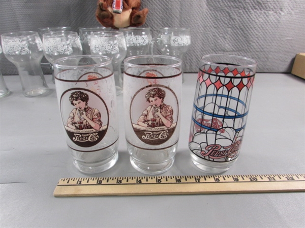 PEPSI COLA GLASSES, TIN TRAYS, CONTAINER & PLUSH