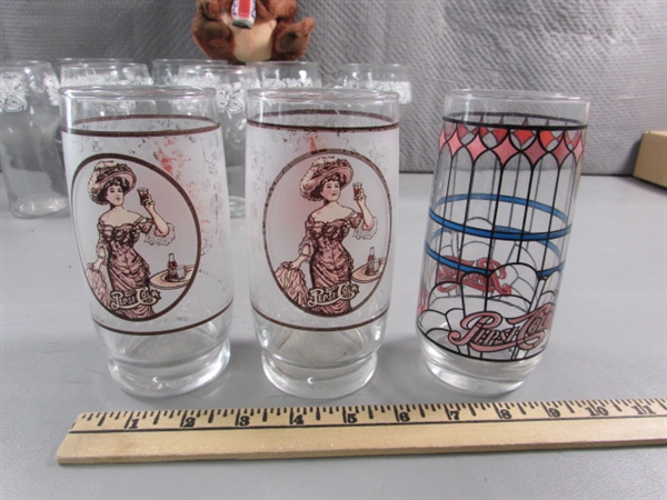 PEPSI COLA GLASSES, TIN TRAYS, CONTAINER & PLUSH