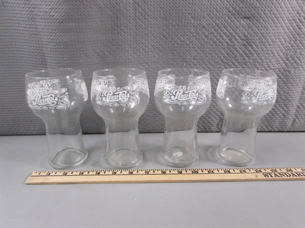 PEPSI COLA GLASSES, TIN TRAYS, CONTAINER & PLUSH